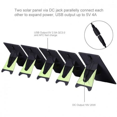 HAWEEL 100W 5 Piezas Panel Solar Portátil monocristalino 20 W con puerto USB y soporte y Tiger Clip soporte QC3.0 y AFC